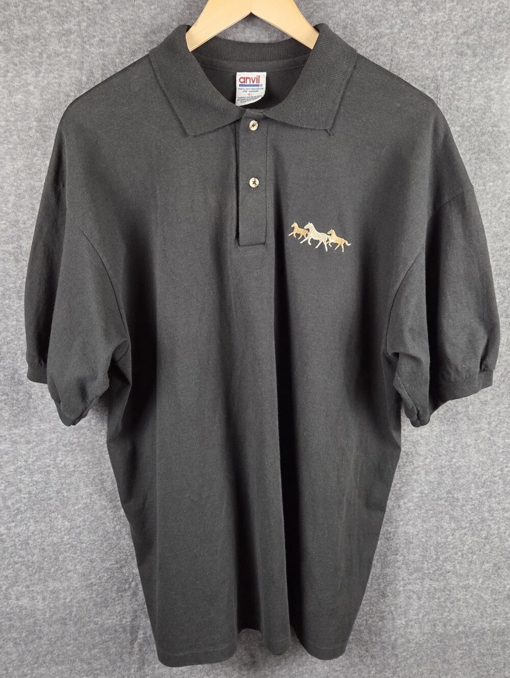 Anvil Polo Shirt Men XL Black Short Sleeve Three Running Horses Embroidery
